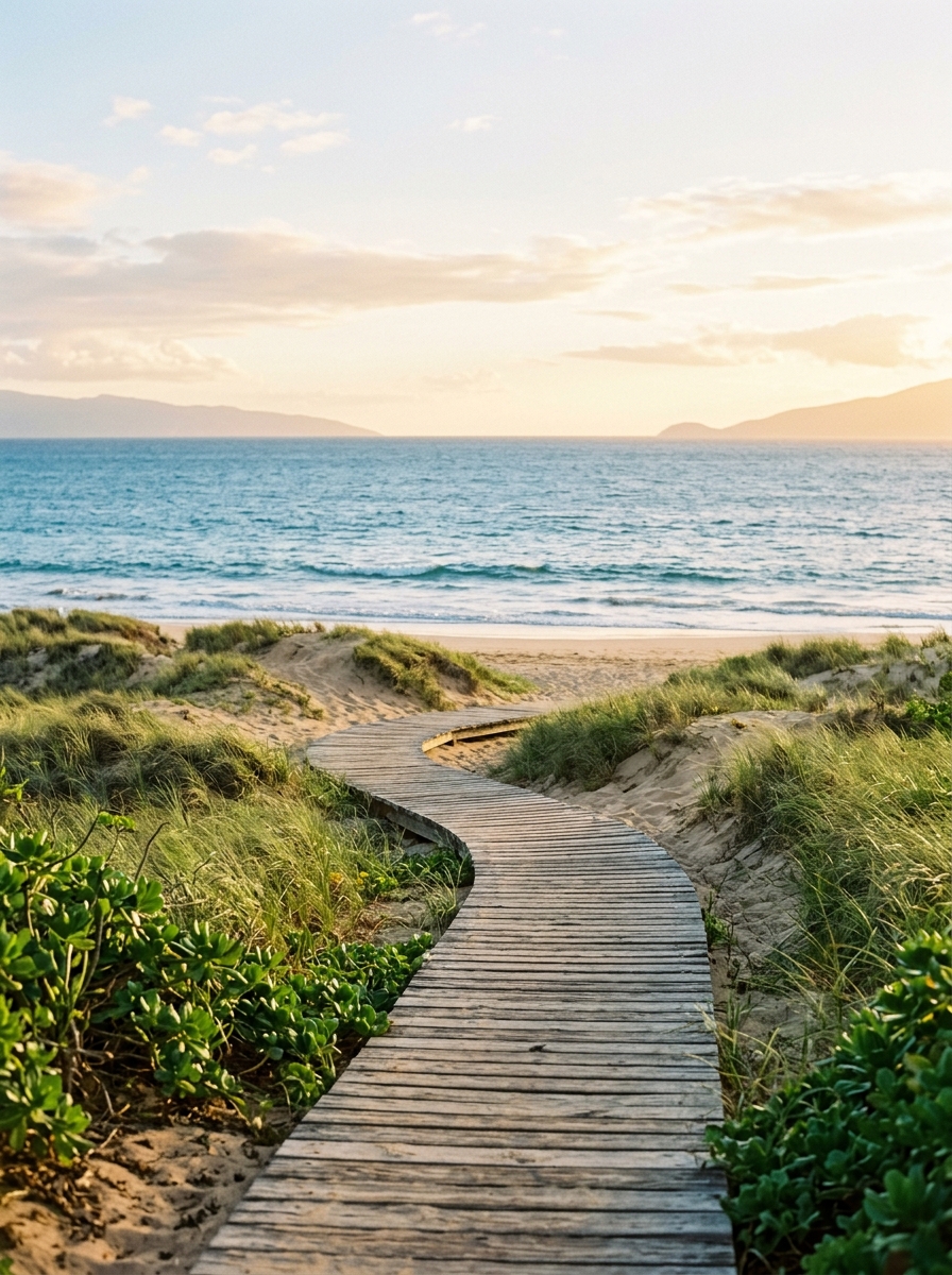 Wooden boardwalk path leading toward the ocean